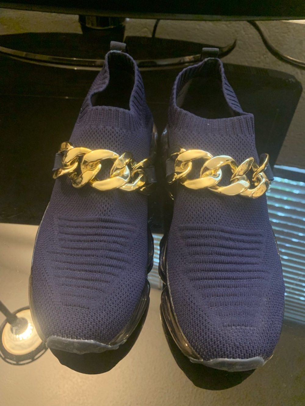 Navy Knit Lucky Step Slip-On Sneakers with Gold Chain Accent